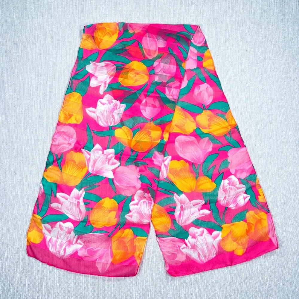 Vintage Pink Yellow Floral Scarf Tulip Print‎ Sheer Oblong 80s Silk Luxury